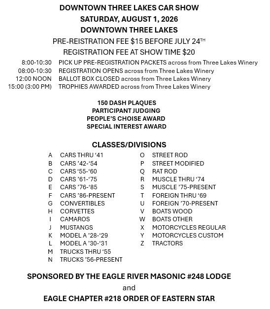 Downtown Three Lakes Car Show – 8/1/2026
