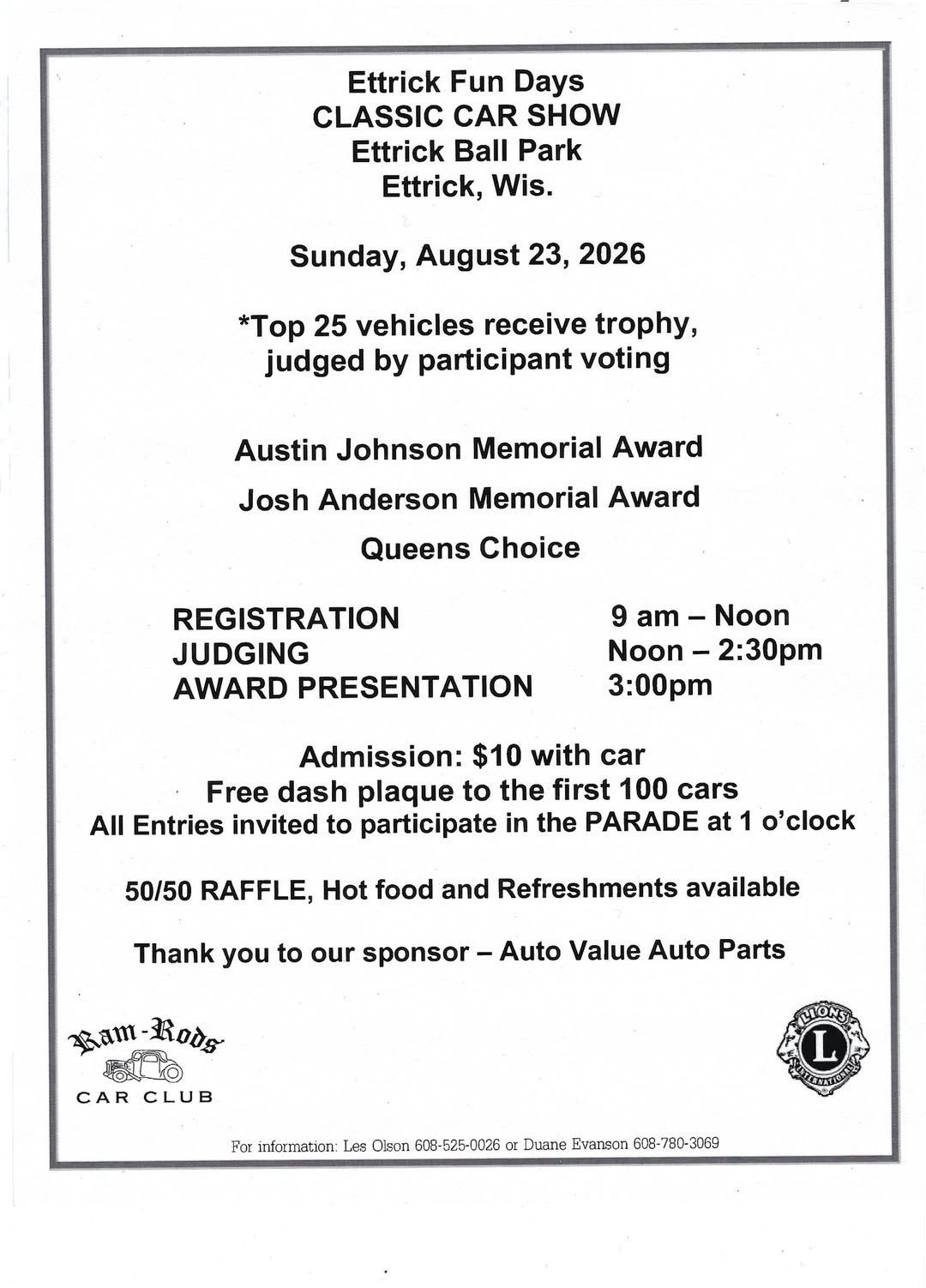 Ettrick Fun Days Car Show – 8/23/2026