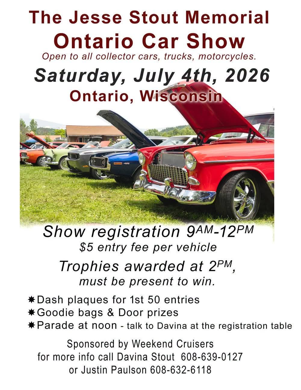 Jessie Stout Memorial Car Show – Ontario – 7/4/2026