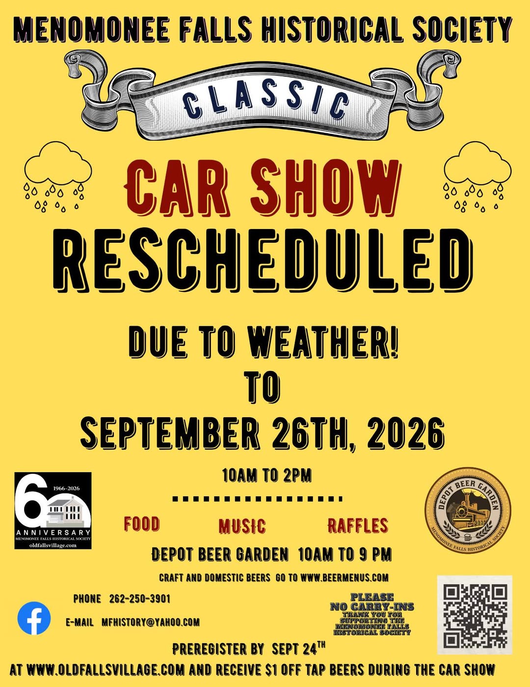 RESCHEDULED – Menomonee Falls Historical Society Classic Car Show – 9/26/2026