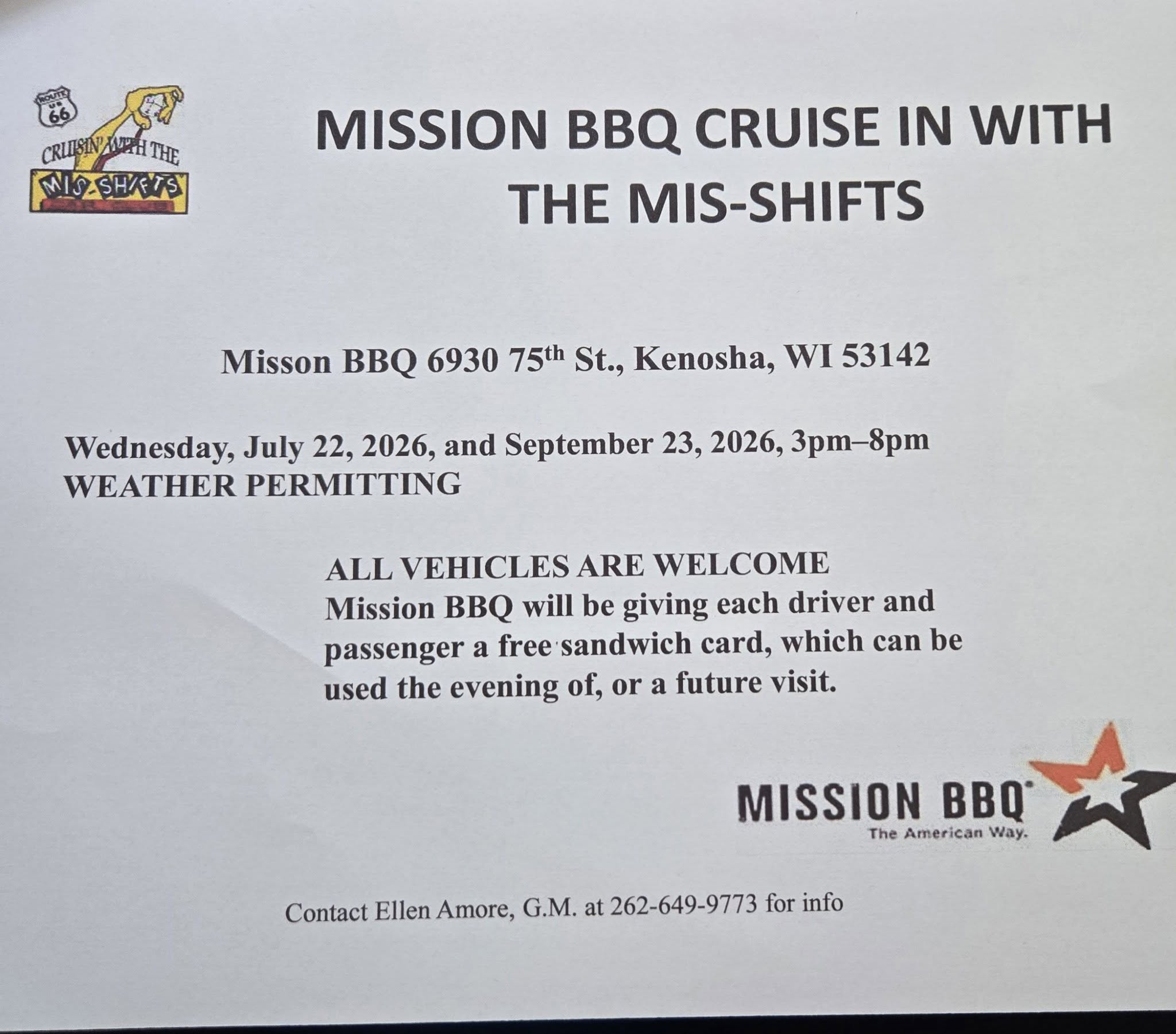 Mission BBQ & Mis Shifts Cruise In – Kenosha – 9/23/2026