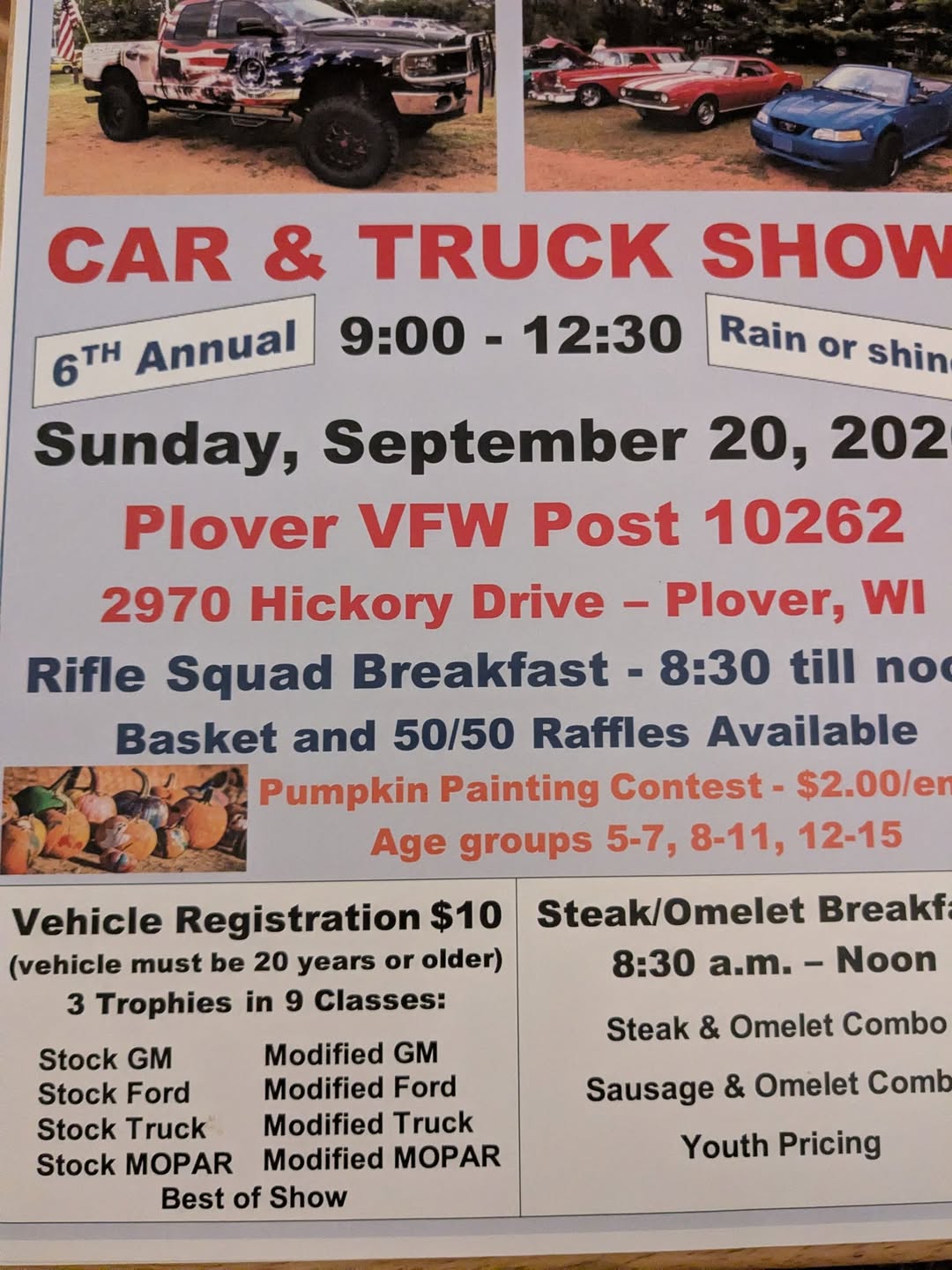 Plover VFW Car & Truck Show – Plover – 9/20/2026