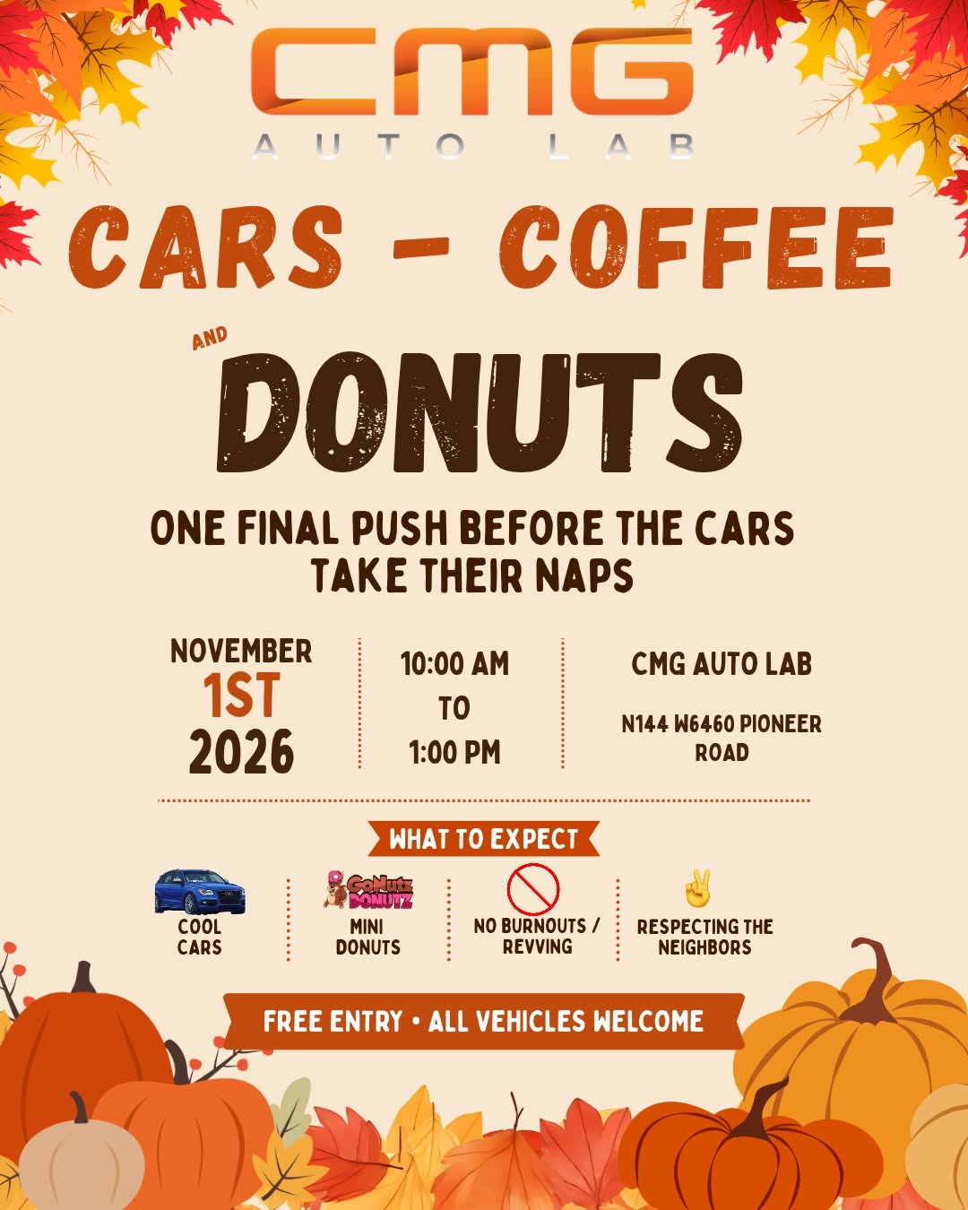 CMG Cars, Coffee and Donuts Season Ender – Cedarburg – 11/1/2026
